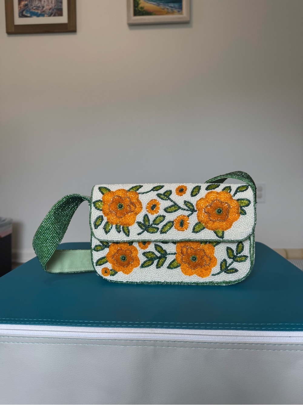 Embroidered Beaded Floral Shoulder Bag - Green & Orange